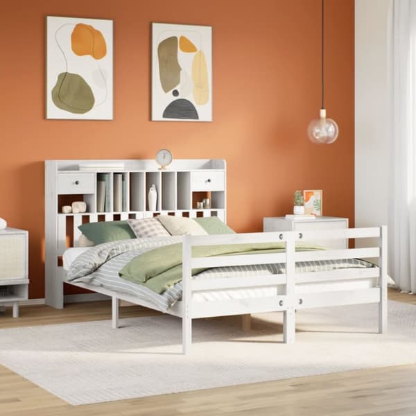 Säng med bokhylla utan madrass vit 140x200cm massiv furu