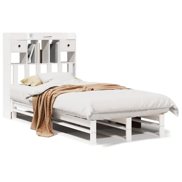 Säng med bokhylla utan madrass vit 100x200cm massiv furu
