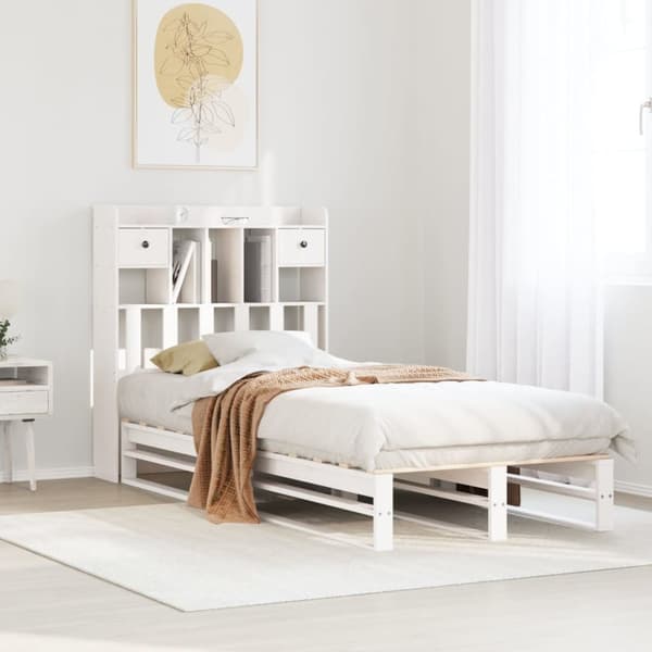 Säng med bokhylla utan madrass vit 100x200cm massiv furu