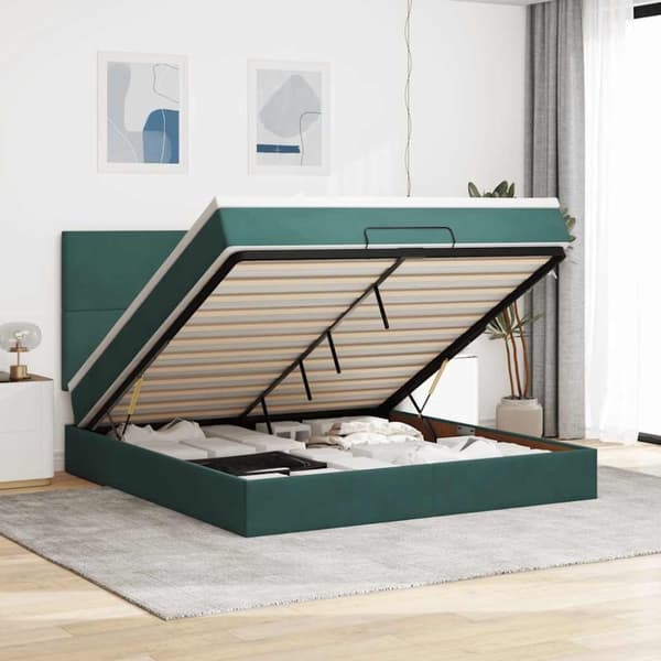 Ottoman sängram med madrasser mörkgrön 160x200 cm sammet