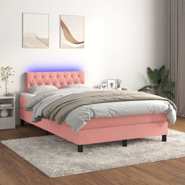 Ramsäng med madrass rosa & LED 120x200 cm sammet