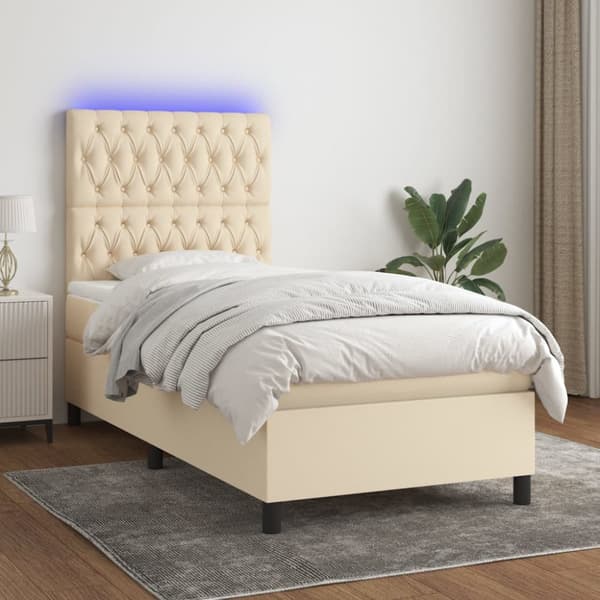 Ramsäng med madrass & LED gräddvit 100x200 cm tyg