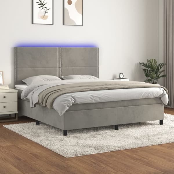Ramsäng med madrass & LED ljusgrå 160x200 cm sammet