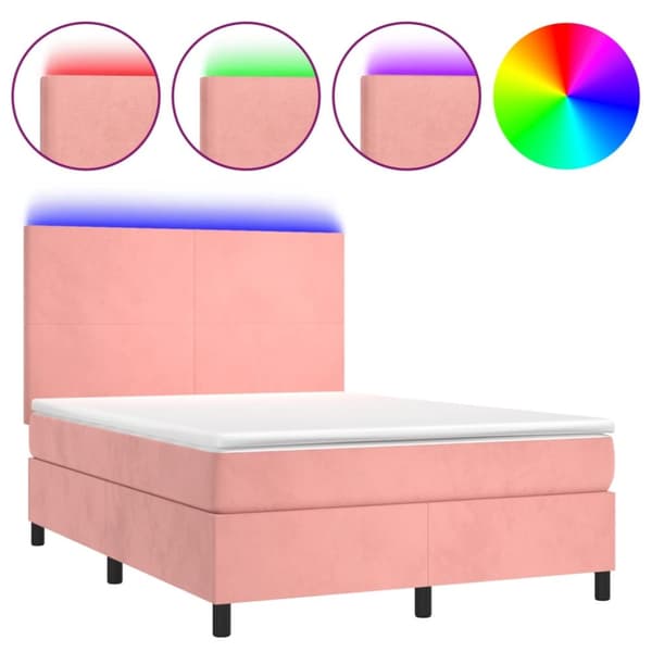 Ramsäng med madrass rosa & LED 140x200 cm sammet