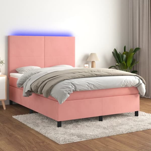 Ramsäng med madrass rosa & LED 140x200 cm sammet