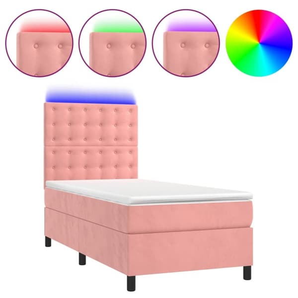Ramsäng med madrass rosa & LED 90x190 cm sammet