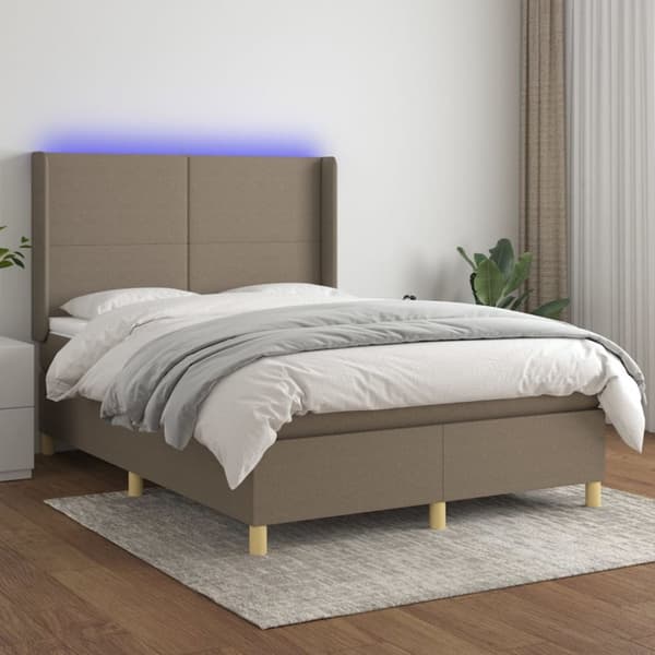 Ramsäng med madrass & LED taupe 140x190 cm tyg