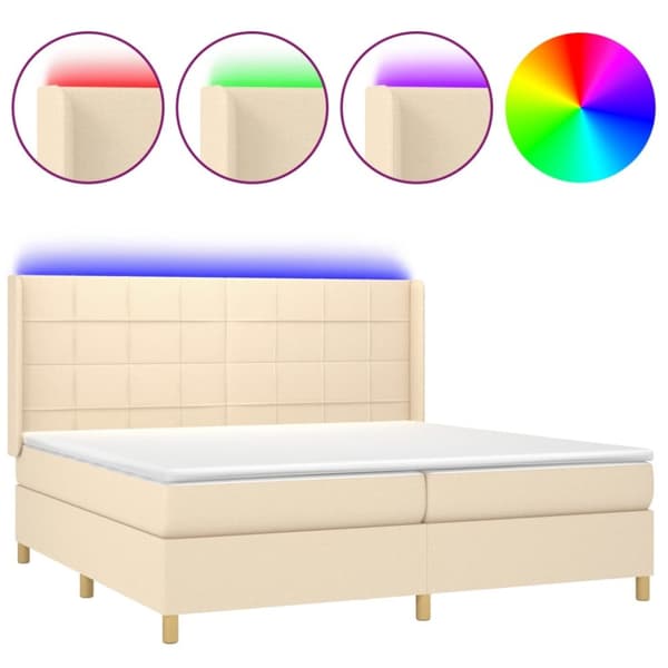 Ramsäng med madrass & LED gräddvit 200x200 cm tyg