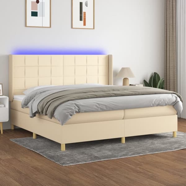 Ramsäng med madrass & LED gräddvit 200x200 cm tyg