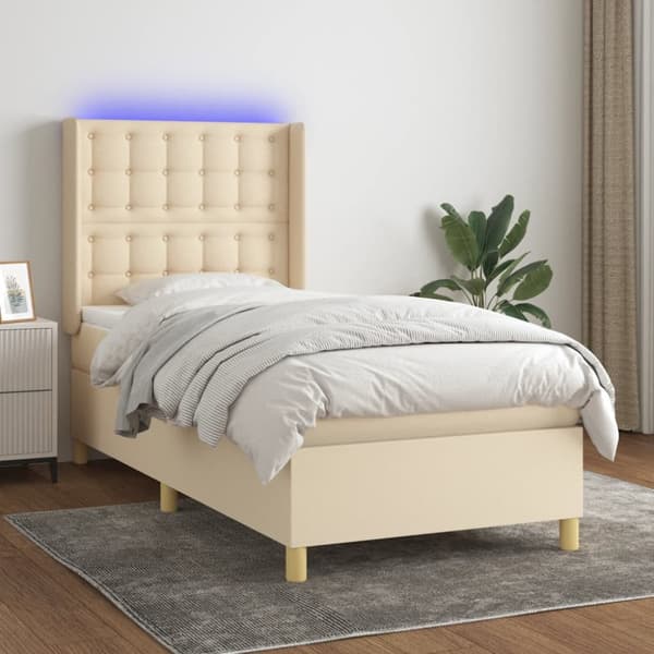 Ramsäng med madrass & LED gräddvit 80x200 cm tyg