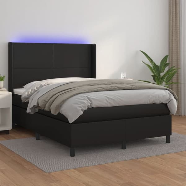 Ramsäng med madrass & LED svart 140x190 cm konstläder