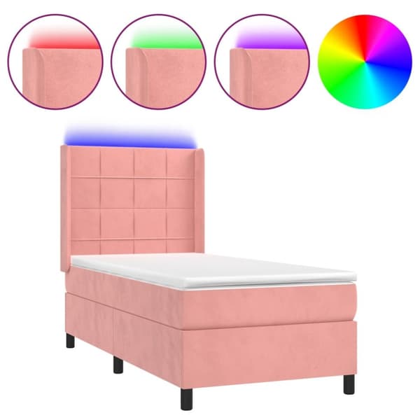 Ramsäng med madrass rosa & LED 90x190 cm sammet