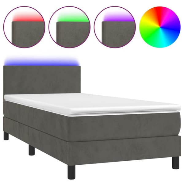 Ramsäng med madrass & LED mörkgrå 100x200 cm sammet