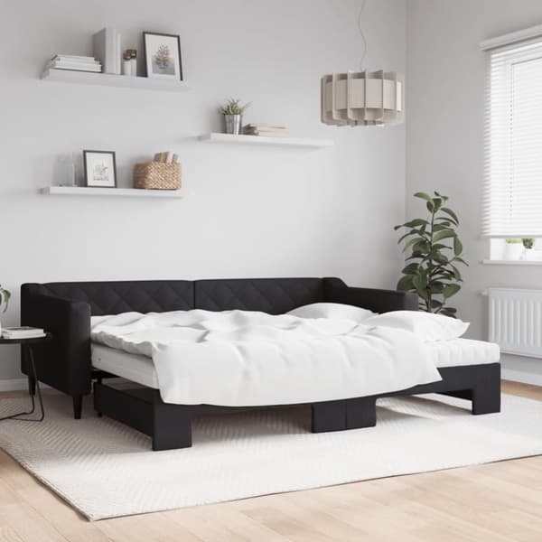 Dagbädd utdragbar med madrasser svart 90x200 cm tyg