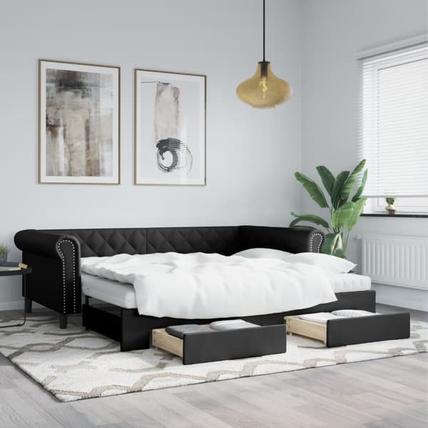 Dagbädd utdragbar med lådor svart 90x200 cm konstläder