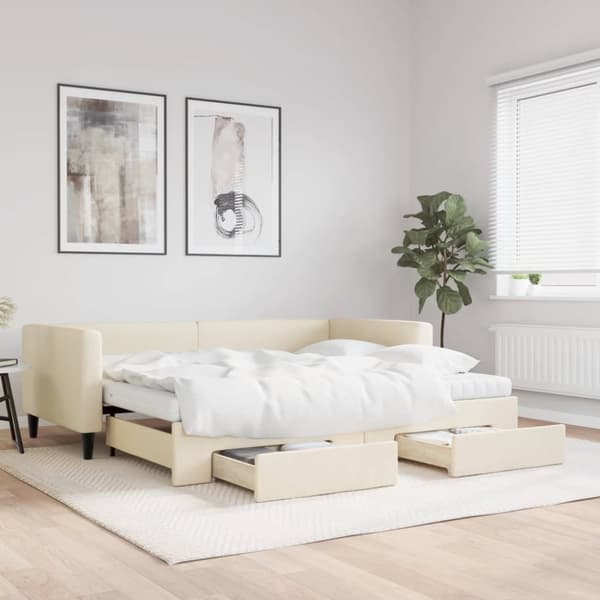 Dagbädd utdragbar med lådor gräddvit 90x200 cm tyg