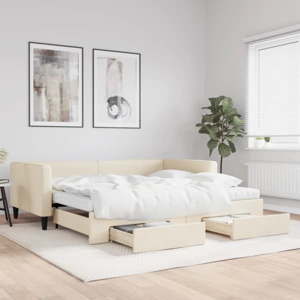 Dagbädd utdragbar med lådor gräddvit 100x200 cm tyg