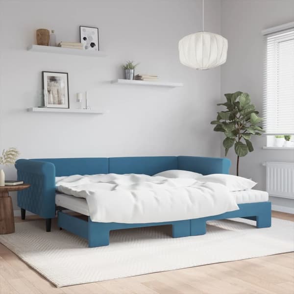 Dagbädd utdragbar med madrasser blå 90x200 cm sammet