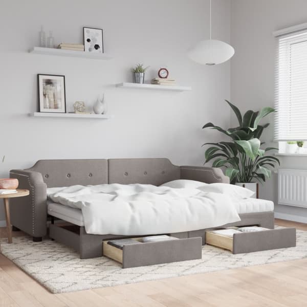 Dagbädd utdragbar med lådor taupe 90x200 cm tyg