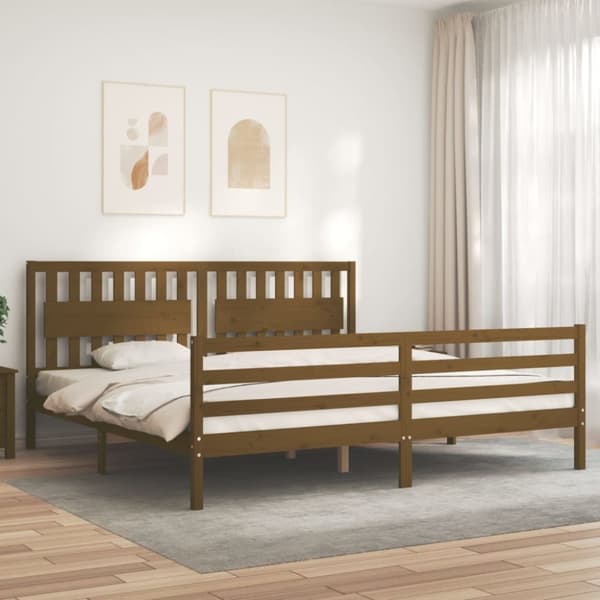 Sängram med huvudgavel honungsbrun 200x200 cm massivt trä