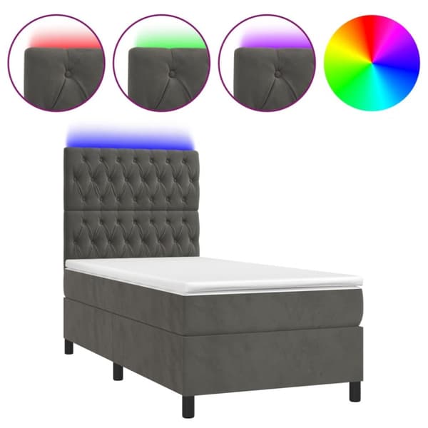 Ramsäng med madrass & LED mörkgrå 80x200 cm sammet