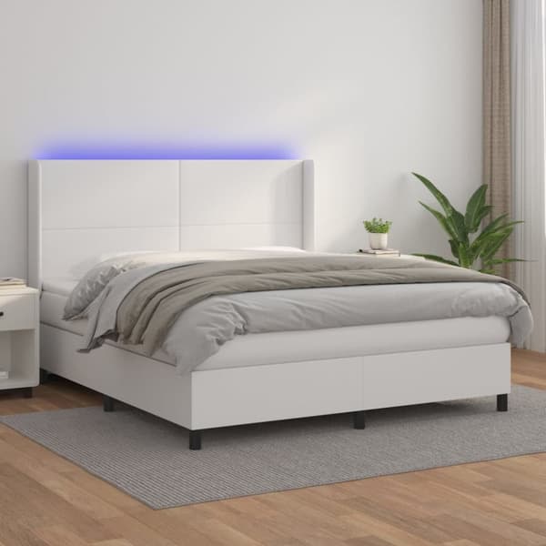 Ramsäng med madrass & LED vit 180x200 cm konstläder