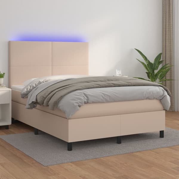 Ramsäng med bäddmadrass & LED cappuccino 140x190 cm konstläder