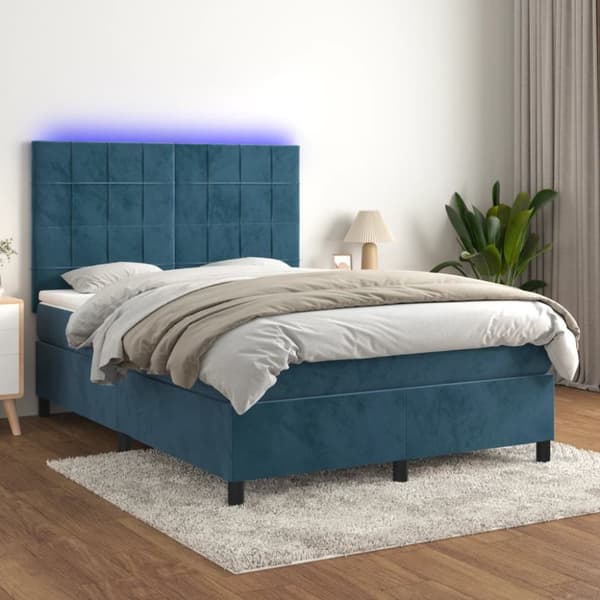 Ramsäng med madrass & LED mörkblå 140x200 cm sammet