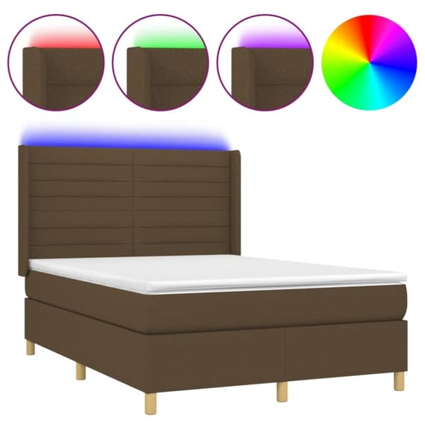 Ramsäng med madrass & LED mörkbrun 140x190 cm tyg