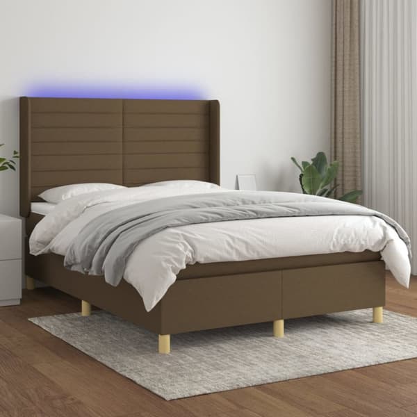 Ramsäng med madrass & LED mörkbrun 140x190 cm tyg