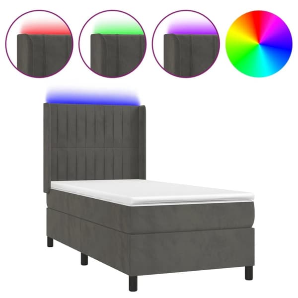 Ramsäng med madrass & LED mörkgrå 80x200 cm sammet