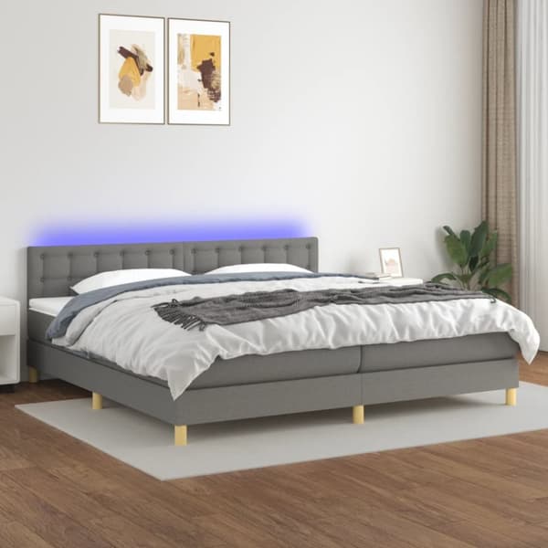Ramsäng med madrass & LED mörkgrå 200x200 cm tyg