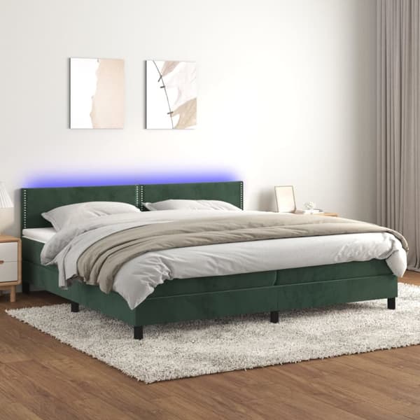 Ramsäng med madrass & LED mörkgrön 200x200 cm sammet