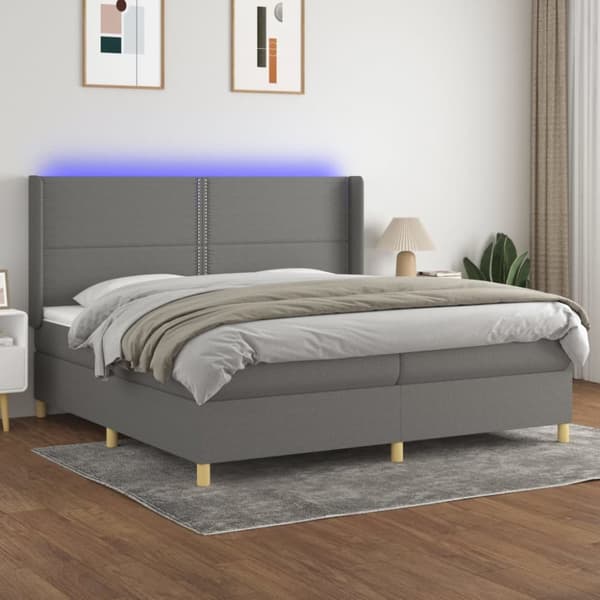 Ramsäng med madrass & LED grå 200x200 cm tyg