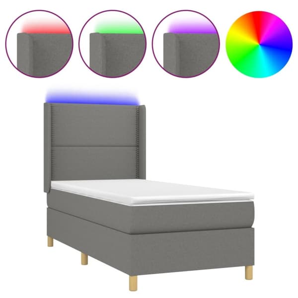 Ramsäng med madrass & LED mörkgrå 90x190 cm tyg