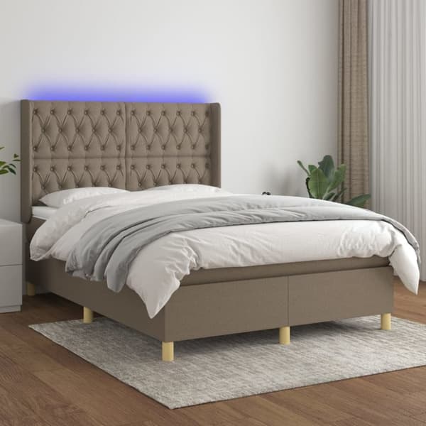 Ramsäng med madrass & LED taupe 140x200 cm tyg