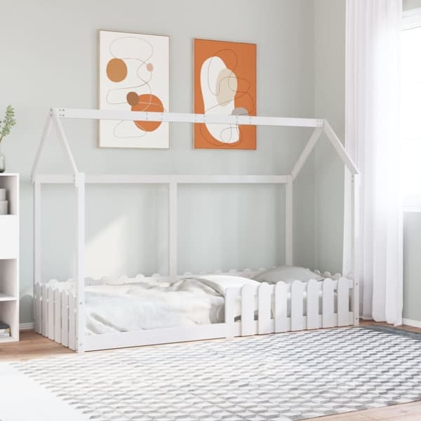 Barnsäng med husram vit 80x200 cm massiv furu