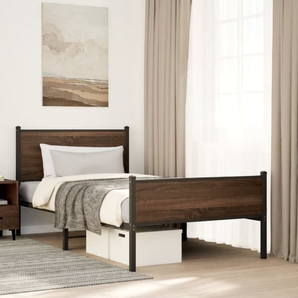 Sängram utan madrass metall brun ek 107x203 cm