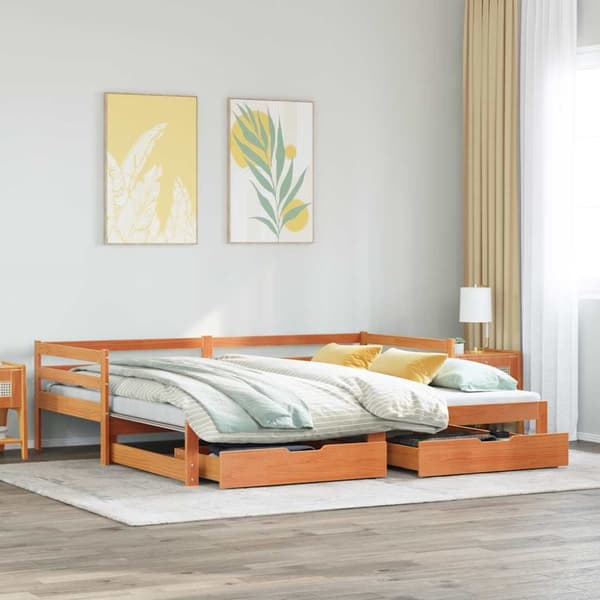 Utdragbar dagbädd med lådor vaxad brun 90x200 cm massiv furu