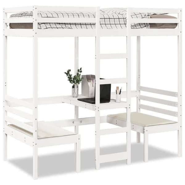 Loftsäng med skrivbord&bänkar vit 80x200 cm massiv furu