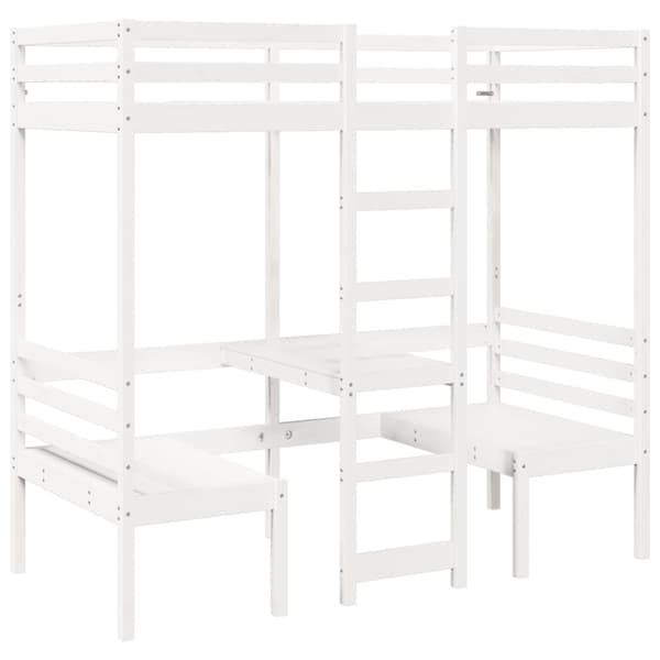 Loftsäng med skrivbord&bänkar vit 90x190 cm massiv furu