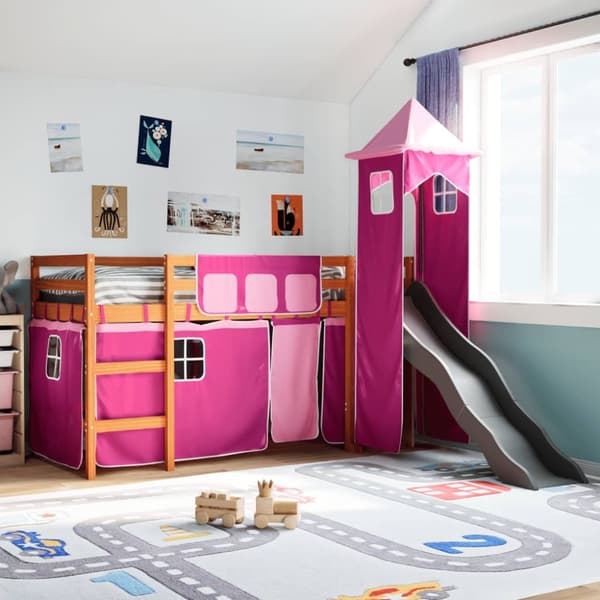 Loftsäng med torn rosa 90x190 cm massiv furu