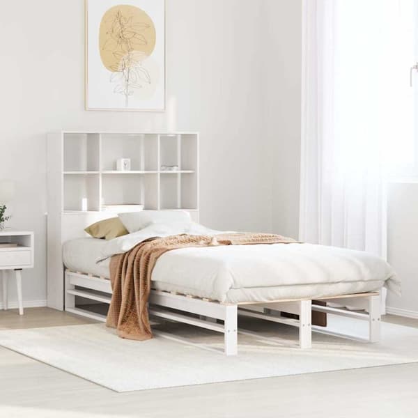 Säng med bokhylla utan madrass vit 90x190 cm massiv trä