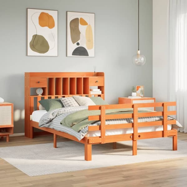 Säng med bokhylla utan madrass vaxbrun 140x190cm massiv furu