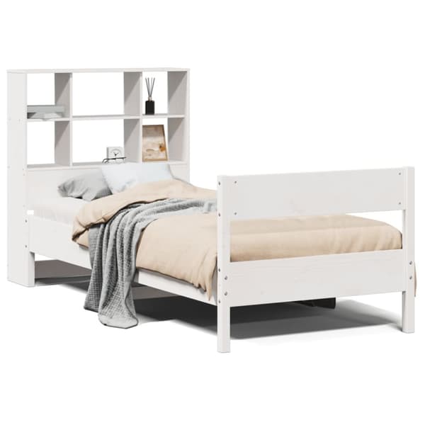 Säng med bokhylla utan madrass vit 90x200cm massiv furu