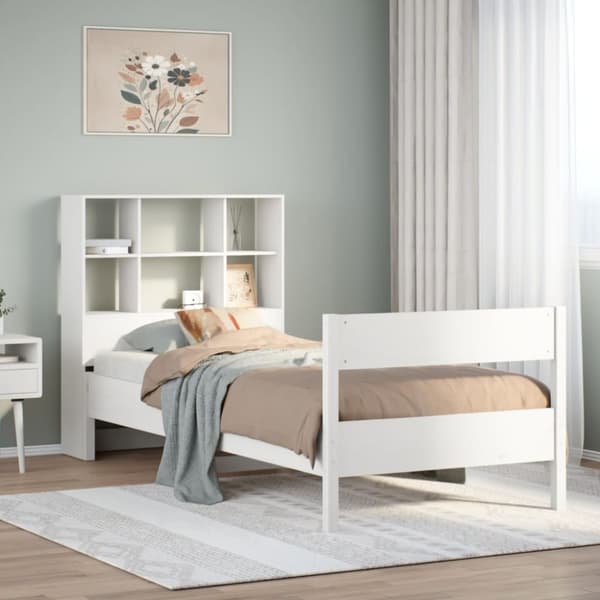 Säng med bokhylla utan madrass vit 90x200cm massiv furu