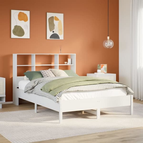 Säng med bokhylla utan madrass vit 160x200cm massiv furu