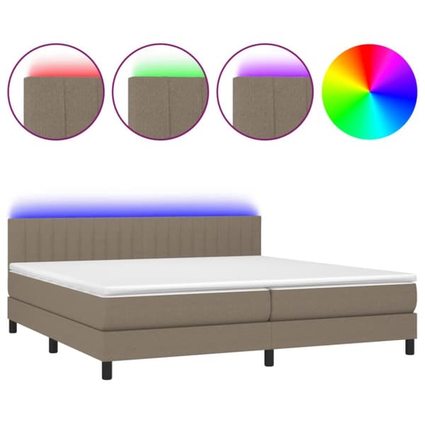Ramsäng med madrass & LED taupe 200x200 cm tyg