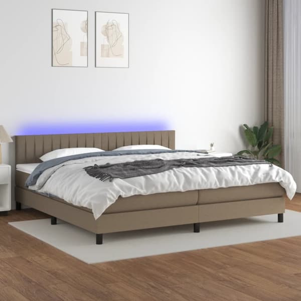 Ramsäng med madrass & LED taupe 200x200 cm tyg