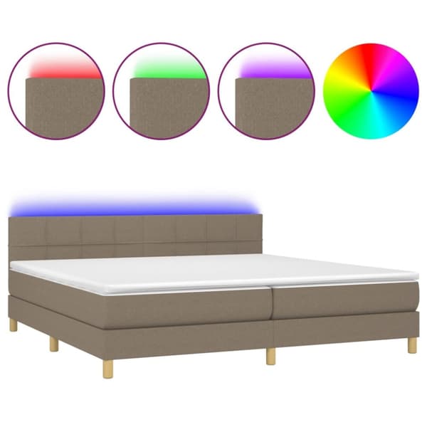 Ramsäng med madrass & LED taupe 200x200 cm tyg